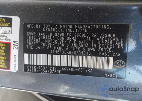 2011 Toyota Camry Se from USA, damaged, VIN 4T1BF3EK6BU201010